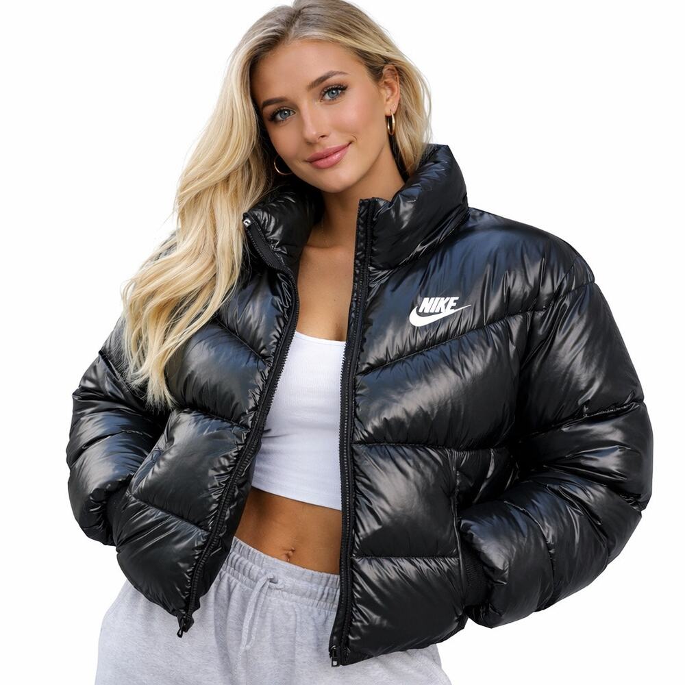 Nike Therma-FIT Puffer Jacket Women's L Black DH4079-010 Cropped Shiny